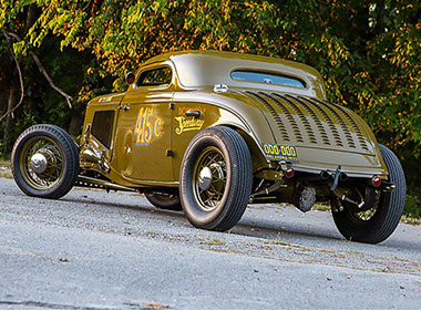1933 Ford chopped 3-window coupe. Bonneville Salt Flats Racer theme. Harbor Hot Rods. Mike Schellar.
