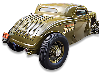 1933 Ford chopped 3 window coupe with a true Bonneville Salt Flats Racer theme. Designed and built by Mike Scheller of Harbor Hot Rods, Florida.
